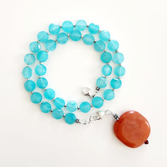 0--AQUA COLOR JADE NECKLACE W/ GEMSTONE PENDANT-18"