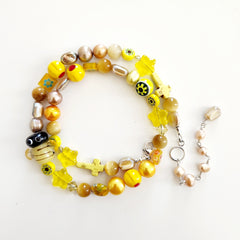 YELLOW WHIMSY MIXED BEAD NECKLACE-16"