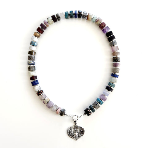 PURPLE MOUNTAINS MIXED GEMSTONE NECKLACE w/ 925 SCARAB-18"