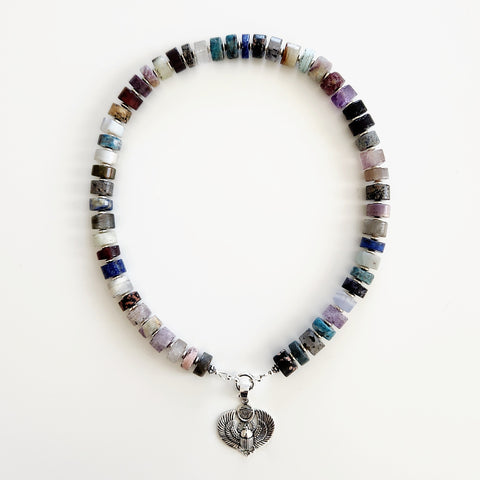 0--PURPLE MOUNTAINS MIXED GEMSTONE NECKLACE w/ 925 SCARAB-18"