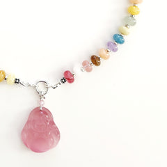 0--"JELLYBEAN" MIXED GEMSTONE NECKLACE W/ PINK BUDDHA-16"