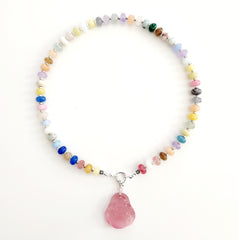 0--"JELLYBEAN" MIXED GEMSTONE NECKLACE W/ PINK BUDDHA-16"