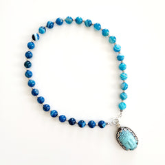 0--BLUE STRIPE AGATE NECKLACE W/ BUDDHA PENDANT-18"