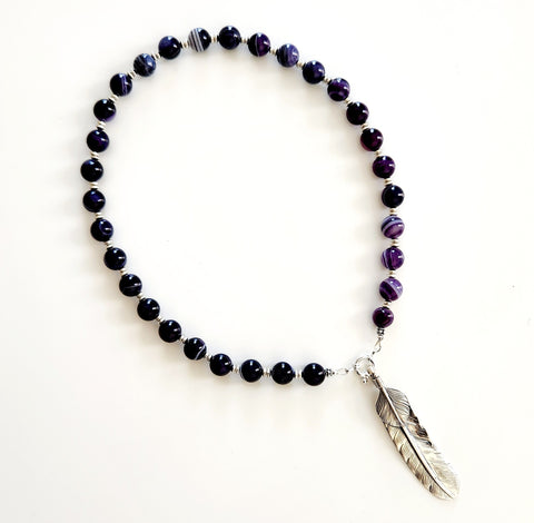 0--PURPLE STRIPE AGATE NECKLACE W/ 925 FEATHER-18"