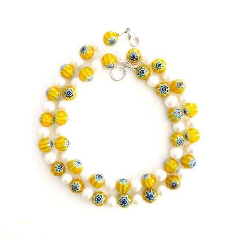 0--MILLEFIORI YELLOW BEAD NECKLACE-19"