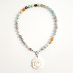 0--CHAKRA GEMSTONE NECKLACE W/ ROSE PENDANT-16"