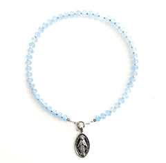 0--LT BLUE AGATE NECKLACE W/ 925 MARY PENDANT-16"