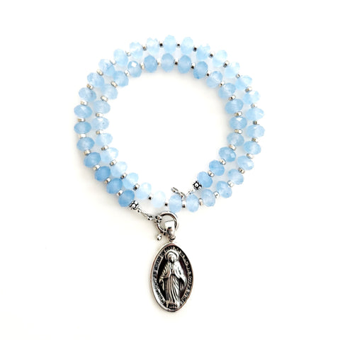 0--LT BLUE AGATE NECKLACE W/ 925 MARY PENDANT-16"