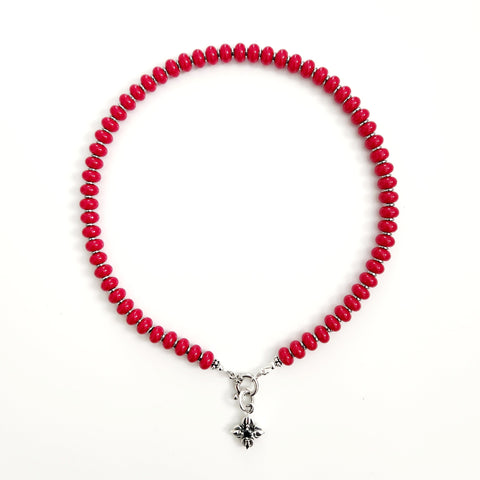RED JADE NECKLACE W/ 925 DOUBLE DORJE PENDANT-16"