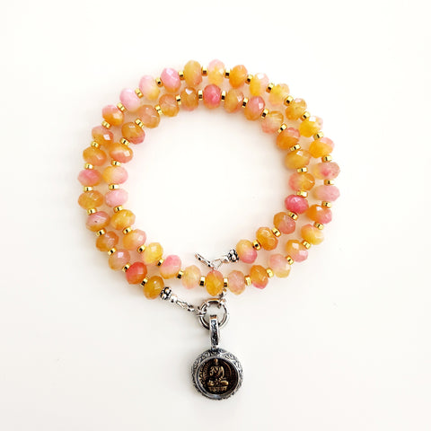PINK ORANGE JADE NECKLACE W/ 925 BUDDHA PENDANT--16"