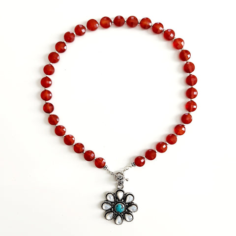 0--CARNELIAN NECKLACE W/ 925 FLOWER PENDANT--16"