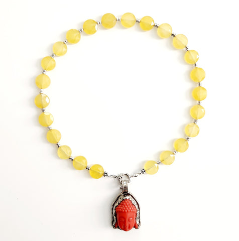 YELLOW AGATE NECKLACE W/ BUDDHA PENDANT--16"
