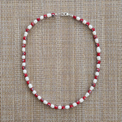 0--EYE BEADS & PEARL NECKLACE-RED-19"