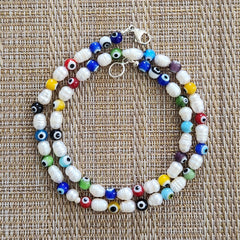 0--EYE BEADS & PEARL NECKLACE-MULTI COLOR-19"