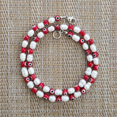 0--EYE BEADS & PEARL NECKLACE-RED-19"