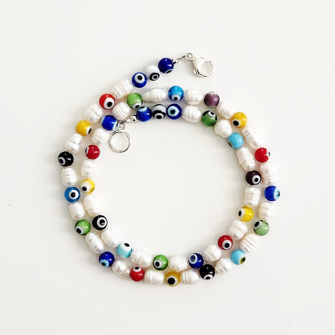0--EYE BEADS & PEARL NECKLACE-MULTI COLOR-19"