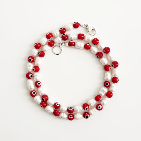 0--EYE BEADS & PEARL NECKLACE-RED-19"