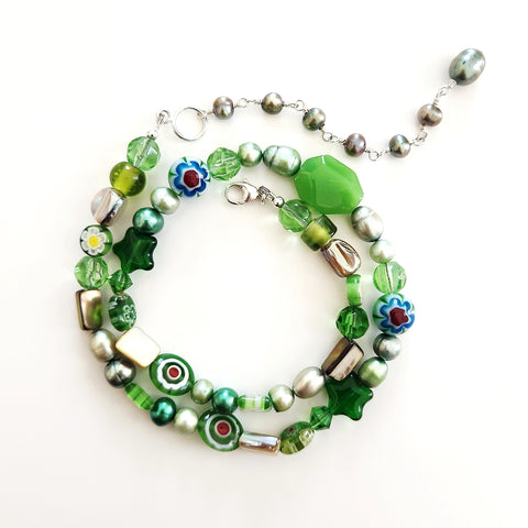 MIXED WHIMSIES IN GREEN NECKLACE-16"