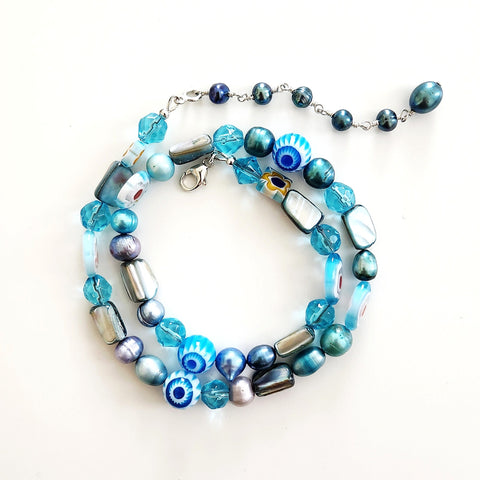 MIXED WHIMSIES IN AQUA NECKLACE-16"