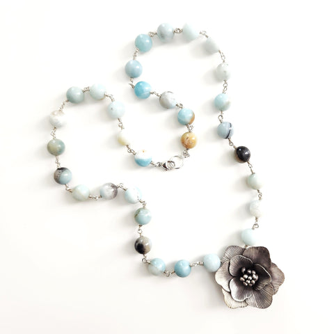 0--AMAZONITE NECKLACE WITH POPPY PENDANT-24"