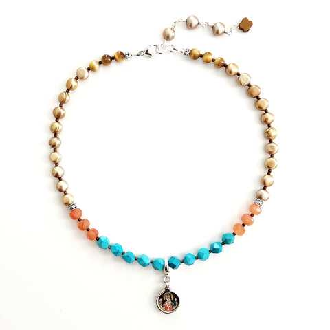TURQUOISE MIXED NECKLACE W/ MINI LAKSHMI PENDANT