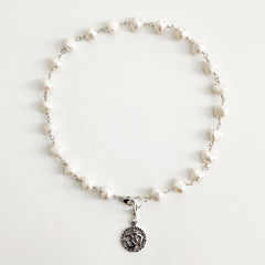 0--WHITE PEARL NECKLACE W/ OM PENDANT-16"