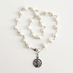 0--WHITE PEARL NECKLACE W/ OM PENDANT-16"