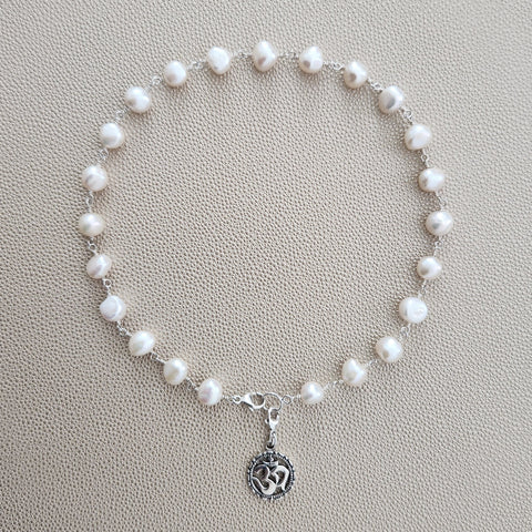 WHITE PEARL NECKLACE W/ OM PENDANT-16"