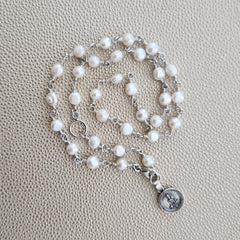 0--WHITE PEARL NECKLACE W/ MINI BUDDHA-16"