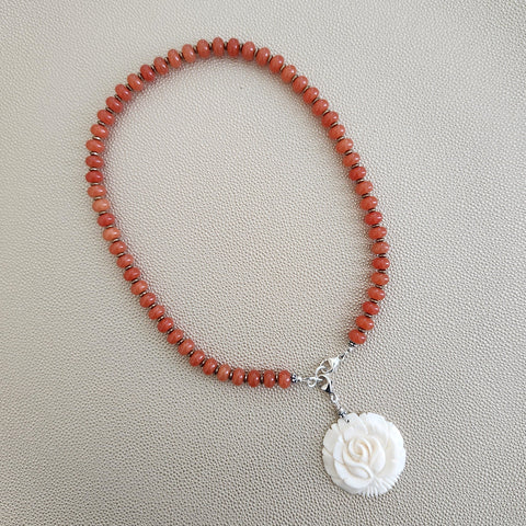 ORANGE JADE NECKLACE W/ CARVED ROSE-18"