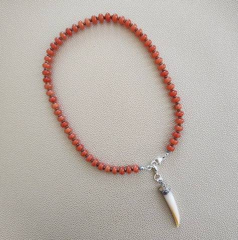 ORANGE JADE NECKLACE W/ 925 MOTHER OF PEARL CLAW-18"