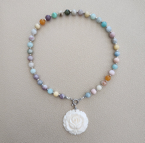 CHAKRA GEMSTONE NECKLACE W/ ROSE PENDANT-16"