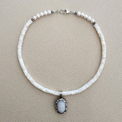 MOTHER OF PEARL HEISHI NECKLACE WITH BUDDHA PENDANT