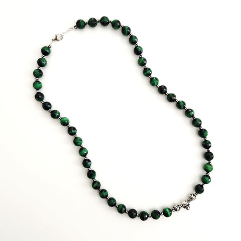 GREEN TIGERS EYE NECKLACE W/ 925 SKULL BEAD
