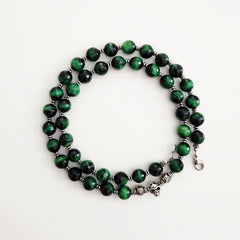 0--GREEN TIGERS EYE NECKLACE W/ 925 SKULL BEAD
