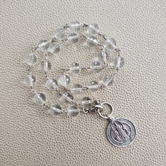 Y--CLEAR QUARTZ NECKLACE W/ ST BENEDICT MEDAL-16"