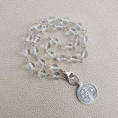 Y--CLEAR QUARTZ NECKLACE W/ ST BENEDICT MEDAL-16"