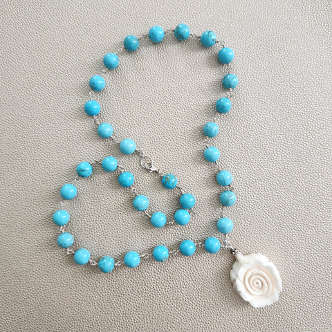 HOWLITE TURQUOISE NECKLACE W/ CARVED ROSE PENDANT-24"