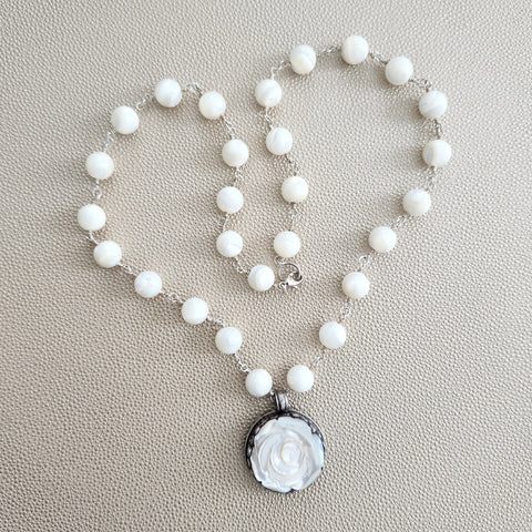 MOTHER OF PEARL NECKLACE W/ ROSE PENDANT-24"