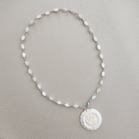 MOTHER OF PEARL NECKLACE WITH ROSE PENDANT-20"