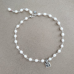 WHITE PEARL NECKLACE WITH FLEUR DE LIS PENDANT-17"