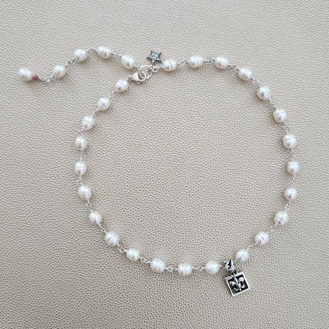 WHITE PEARL NECKLACE WITH FLEUR DE LIS PENDANT-17"