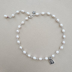 WHITE PEARL NECKLACE WITH FLEUR DE LIS PENDANT-17"