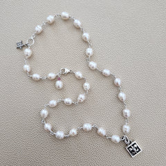 WHITE PEARL NECKLACE WITH FLEUR DE LIS PENDANT-17"