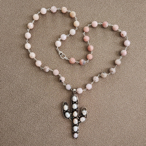 PINK OPAL NECKLACE W/ PEARL CACTUS PENDANT