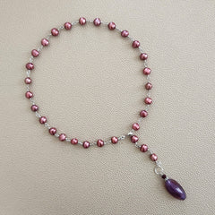 DARK ROSE PEARL NECKLACE WITH PURPLE AGATE DROP-19"