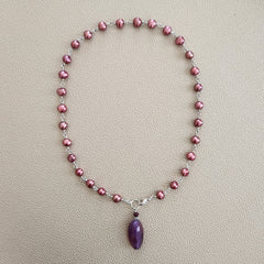 DARK ROSE PEARL NECKLACE WITH PURPLE AGATE DROP-19"
