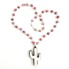 SAKURA QUARTZ NECKLACE WITH CACTUS PENDANT--27"