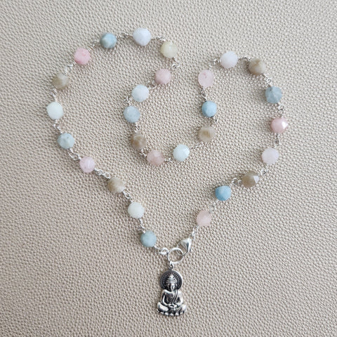 MORGANITE NECKLACE WITH 925 SILVER BUDDHA-19"