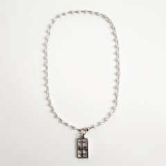 0--WHITE ONYX NECKLACE WITH FLEUR DE LIS CROSS-24"